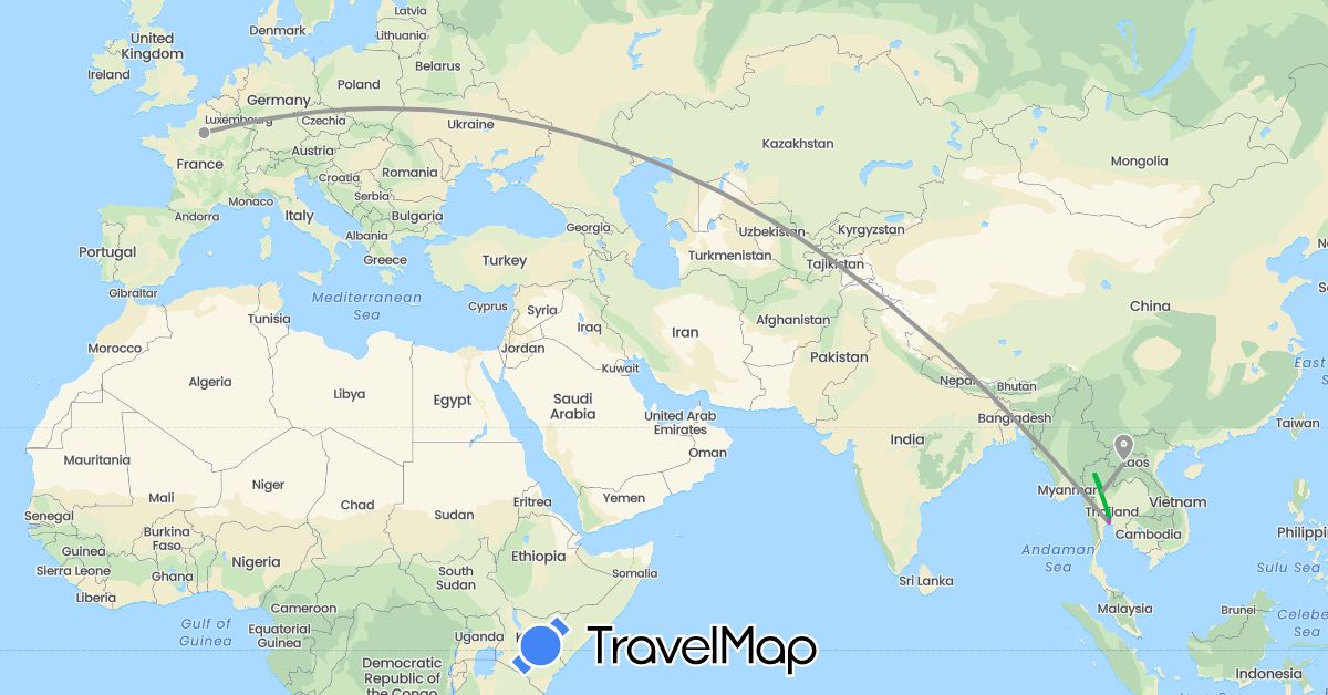 TravelMap itinerary: driving, bus, plane, train in France, Laos, Thailand (Asia, Europe)